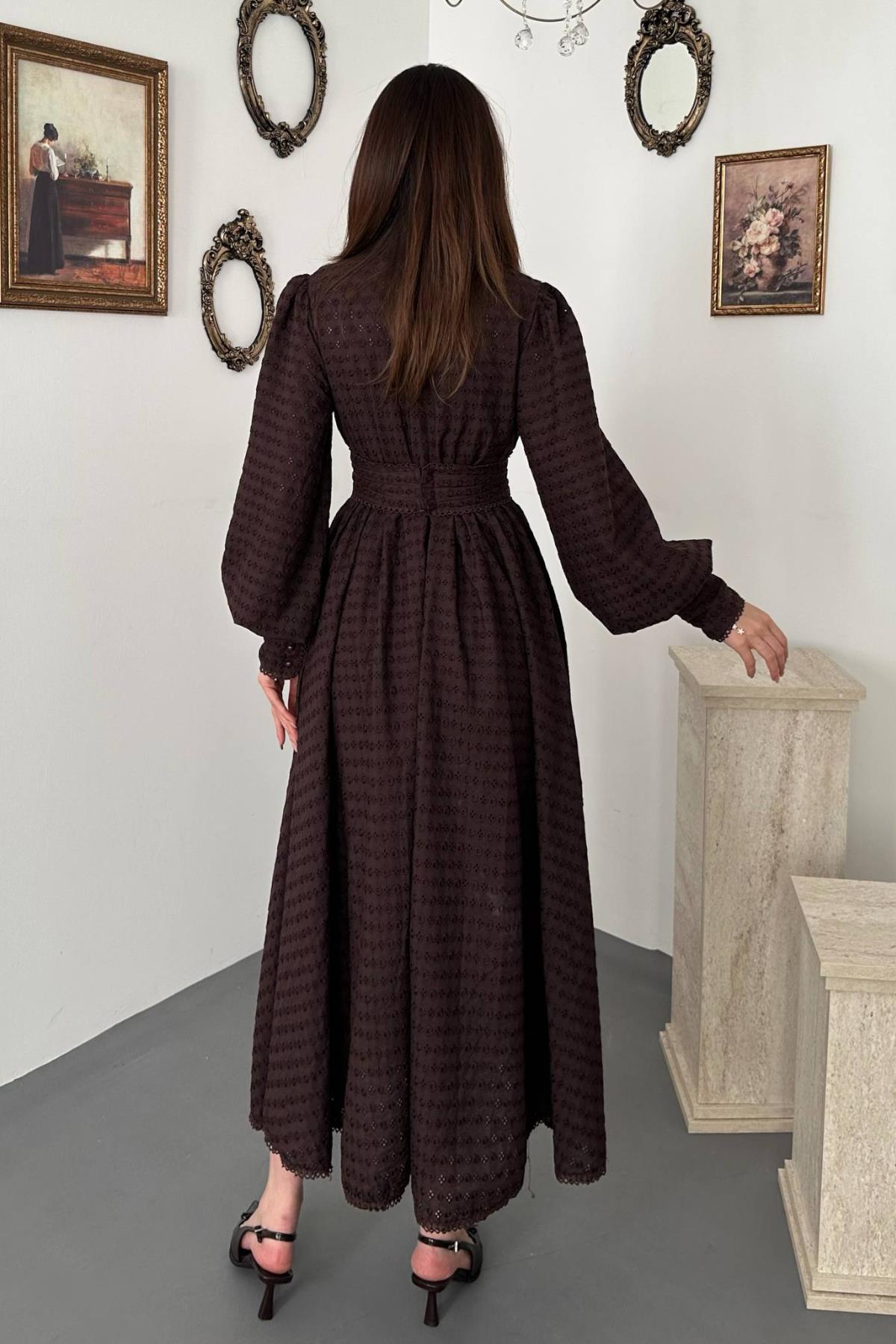 Elegant Brown A-Line Midi Dress With Balloon Sleeves