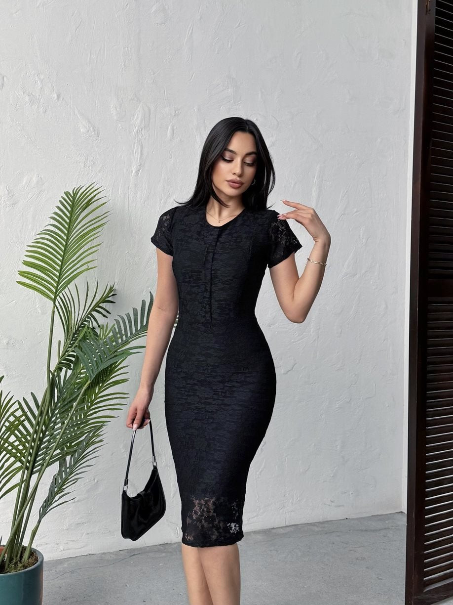 Elegant Black Lace Sheath Midi Dress