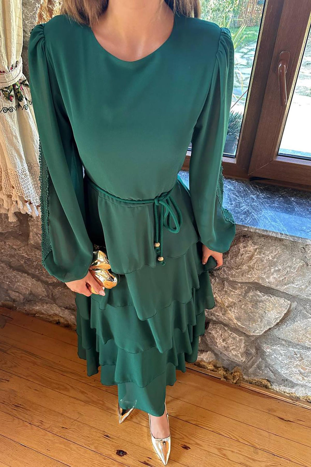 Elegant Green A-Line Dress with Ruffle Sleeves