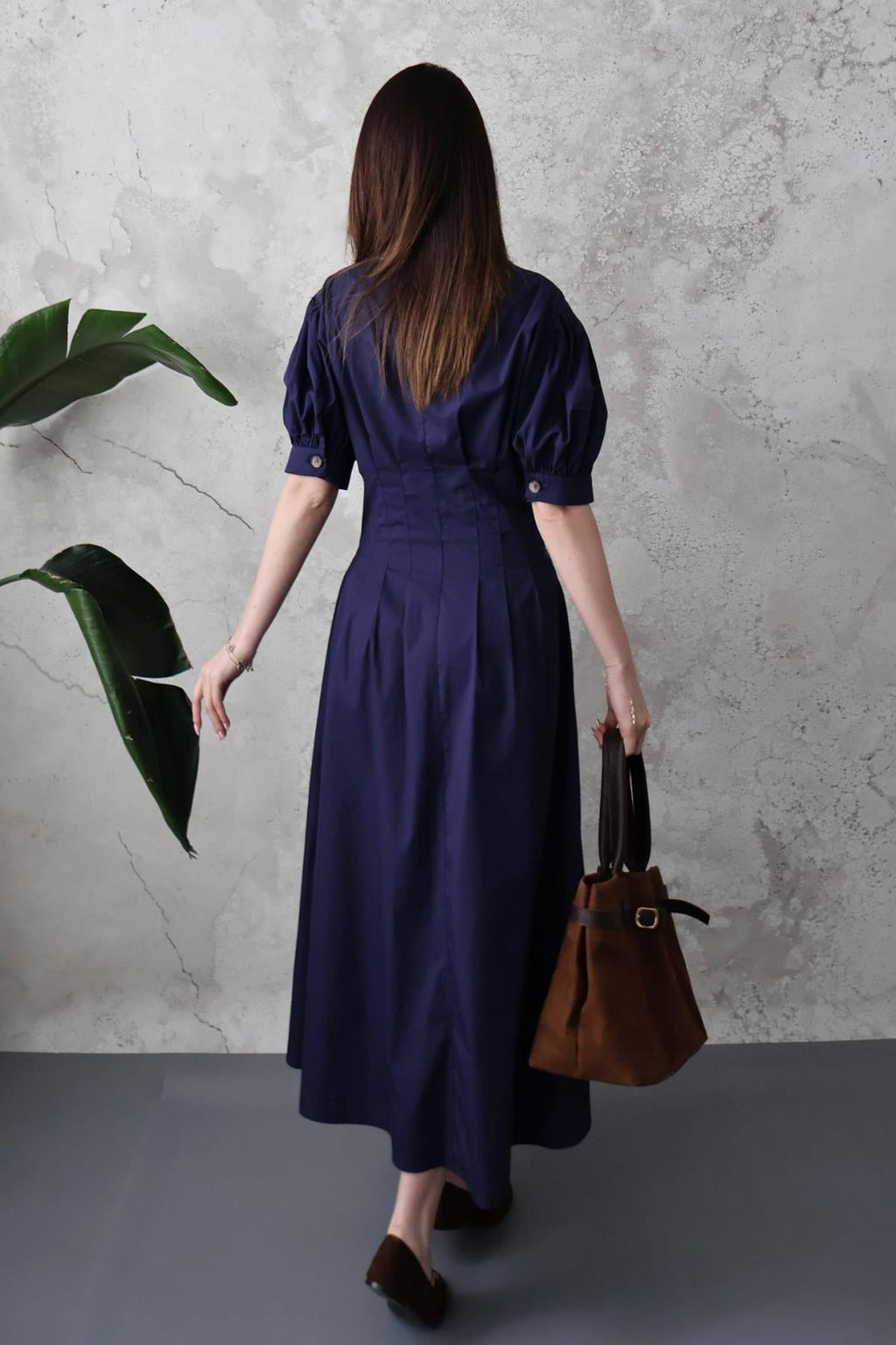 Elegant Navy Blue Shirt Midi Dress With Puff Sleeves