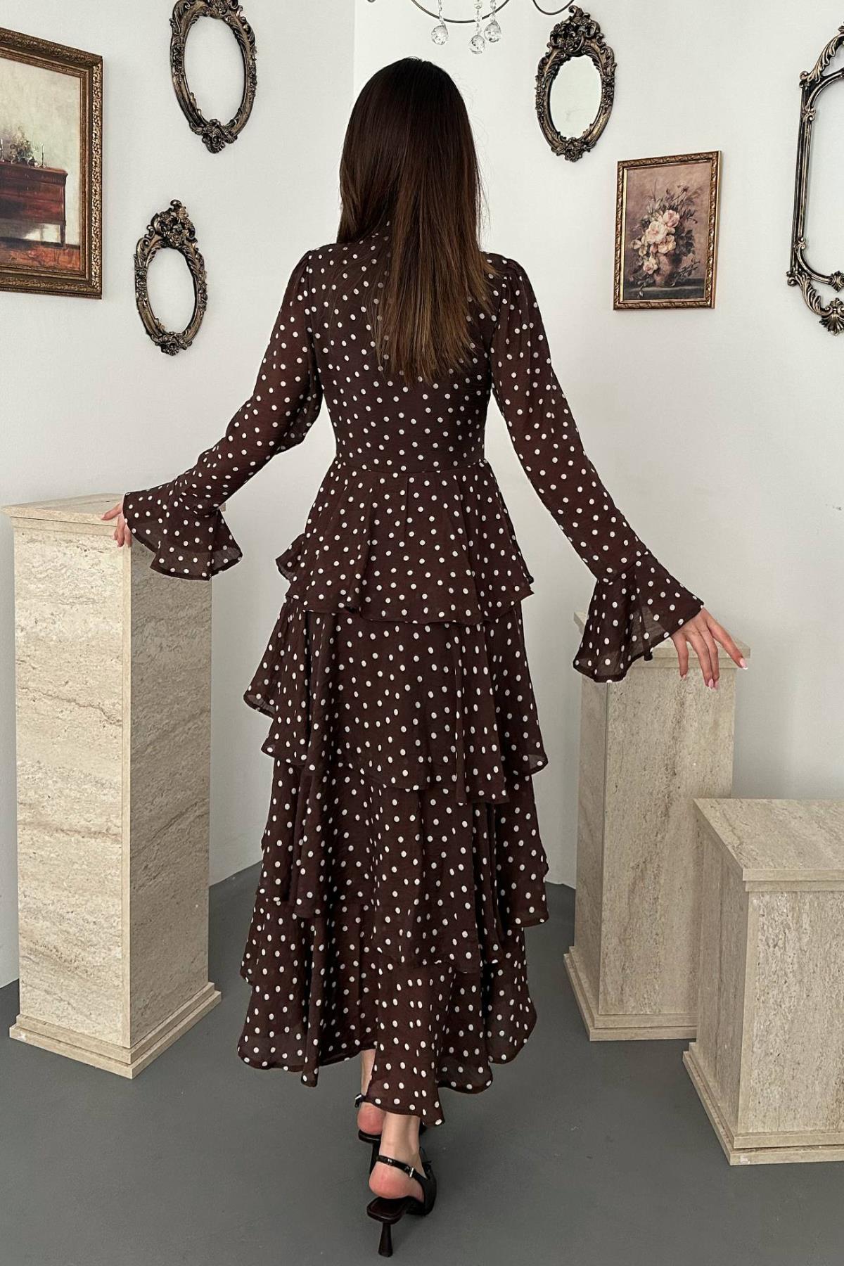 Elegant Brown Maxi Dress With Polka Dots